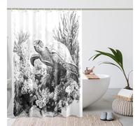 Turtle Shower Curtain, Black White Sea Turtle Bathroom Decor, Coastal Summer Nautical Style Fabric Shower Curtain Set with Hooks 72x72 Inch