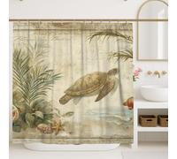 Turtle Shower Curtain, Coastal Sea Green Beige Tortoise Bathroom Decor, Summer Beach Nautical Vintage Waterproof Fabric Shower Curtain with Hooks 72x72 Inch