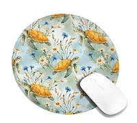 Turtle Small Mouse Pad, Nature Floral Flower Grass Summer Green Round Rubber Washable Stitched Edge Cloth Mousepad Idea for Home Office Desk Laptop Gamers Gift Round 8x8 Inch
