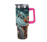 Turtle Starfish 40 Oz Tumbler with Handle And Flip Straw, Vacuum Insulated Stainless Steel Tumbler Cups, Travel Coffee Mug, Dishwasher Safe & Bpa-Free, Reusable Water Bottle(Light Rose Red)
