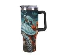 Turtle Starfish 40 Oz Tumbler with Handle And Flip Straw, Vacuum Insulated Stainless Steel Tumbler Cups, Travel Coffee Mug, Dishwasher Safe & Bpa-Free, Reusable Water Bottle(black)