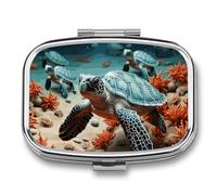 Turtle Starfish Pill Box 2 Compartment, Portable Pill Case with Mirror for Pocket Purse Travel, Mini Metal Medicine Organizer for Vitamins Fish Oil