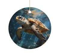 Turtle Swimming Double-Sided Ceramic Christmas Ornaments - Round Hanging Mini Xmas Tree Decorations, Ideas for Farmers, Rustic Home Decor for Indoor Outdoor Tree Decor