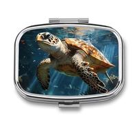 Turtle Swimming Pill Box - 2 Compartment Travel Pill Organizer with Small Mirror, Portable Pillcase for Pocket & Purse, Cute Square Medicine Case, Weekly Medicine Container