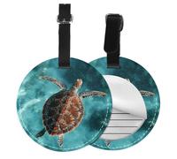Turtle Swimming Round Luggage Tag 2PCS Sea PU Leather Travel Bag Tag ID Labels Name Card Holder wtih Buckle for Luggage Suitcase Backpacks