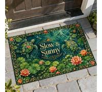 Turtle Welcome Door Mat, Nature Tropical Water Lilies Water Lily Summer Green Washable Low Profile Back Doormat Entryway Decor for Front Porch Bathroom Office 29x17 Inch