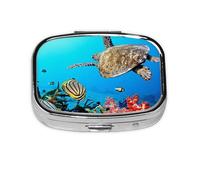 Turtle with Colorful Fishes Under Sea Print Pill Box 2 Compartment Medicine Pill Case,Portable for Pocket Or Purse Pill Box Decorative Metal Medicine Organizer