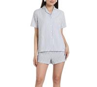 TURTLE Women’s Shorts Pyjama Set Blue Stripe - 100% Cotton Seersucker Stripe Revere Collar Button-Up Shirt & Matching Shorts Summer Nightwear Loungewear (XL)