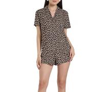 TURTLE Women’s Shorts Pyjama Set Leopard Print - 100% Cotton Revere Collar Button-Up Shirt & Matching Shorts Summer Nightwear Set (L)
