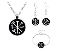 TURTLEDOVE 4 PCS Viking Vegvisir Jewelry - Norse Compass Charm Necklace Earrings Bangle Set - Norse Amulet Jewelry