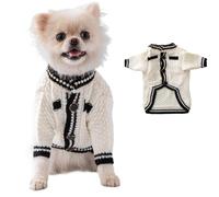 Turtleneck Knitting Dog Sweatshirt Cute Sleeves Apparel Coat Outfits Pearl Neck Decor Puppy Cat Kitten Clothes Shiba Inu Chihuahua Yorkie Poodle (White, Large)