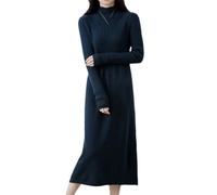 Turtleneck Solid Wool Dress for Women Solid Vintage Casual Long Style Dresses Winter Autumn Blue L