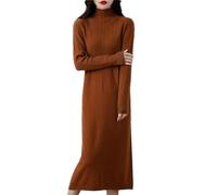 Turtleneck Solid Wool Dress for Women Solid Vintage Casual Long Style Dresses Winter Autumn Maroon L