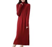 Turtleneck Solid Wool Dress for Women Solid Vintage Casual Long Style Dresses Winter Autumn Red L