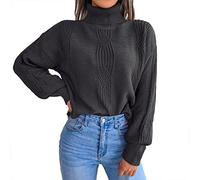 Turtleneck Sweater for Women, Women's Jumpers Lantern Sleeve Cropped Sweater Ribbed Knit Stretch Ladies Soft Knitted Mock Turtle Neck Chunky Sweater Women Pullover for Autumn Winter