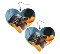 Turtles Emerging from Oranges Leather Earrings for Women Heart Dangle Earrings Lightweight Drop Earring Jewelry Gift