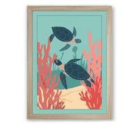 Turtles in Shallow Waters Coastal Framed Wall Art Print A1 (84.1×59.4cm) Oak, Wall Decor for Living Room, Bedroom, Office & Home, Ready to Hang, Art Gift