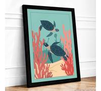 Turtles in Shallow Waters Coastal Framed Wall Art Print A1 Black