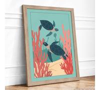 Turtles in Shallow Waters Coastal Framed Wall Art Print A1 Oak