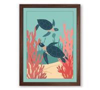 Turtles in Shallow Waters Coastal Framed Wall Art Print A4 (29.7×21cm) Walnut, Wall Decor for Living Room, Bedroom, Office & Home, Ready to Hang, Art Gift