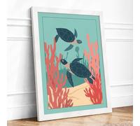 Turtles in Shallow Waters Coastal Framed Wall Art Print A4 (29.7×21cm) White, Wall Decor for Living Room, Bedroom, Office & Home, Ready to Hang, Art Gift