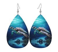 Turtles on Parade double-sided printed leather earrings int and shape of water drops, creative, light and novel, bright and vivid colors.
