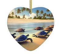 Turtles on The Beach Ceramic Christmas Heart Pendant with Silk Thread, Christmas Tree Home Decoration