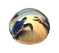 turtles on the beach Print Shower Cap – Double Layer Bath Hair Cap with Elastic Band Lining, Ideal for Home Spa, Hotel, and Travel