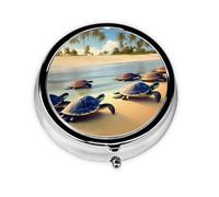 Turtles on The Beach Round Mini Pill Box: 3-Compartment Portable Metal Pill Organizer with Snap Closure, Ideal for Daily Travel Use