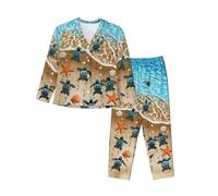Turtles On The Beach Women'S Long-Sleeved Pajama Set Tops And Pants Nighttime Sleep Relax Lazy Weekend Black