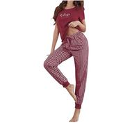 TURWXGSO 2 Pieces Outfits for Women UK Relaxed Fit Short Sleeves Pjs Set Soft Round Neck Tunic Shirts + Elastic cuffs Striped Printed Long Pants Loose Plus Size Pyjamas