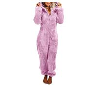 TURWXGSO Adult Pajamas Women UK Oversized Fleece Pajamas Fluffy Long Sleeve Jumpsuit Pajama with Cat Ear Hood Casual Warm Solid Color Zipper up Sleepwear for Winter