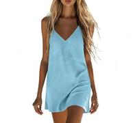 TURWXGSO Backless Cami Dress for Women V Neck Cotton Linen Mini Dress A Line Strappy Dresses Plain Casual Loose Sleeveless Flowy Tunic Sundress Vacation Beachdresses Tank Dresses
