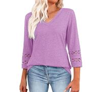 TURWXGSO Blouses for Women Dressy Casual 3/4 Length Sleeve T Shirts Ladies Summer Tops V-Neck Tunic Blouses Loose Fit Trendy T-Shirts Elegant Tops for Women UK Clearance