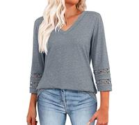 TURWXGSO Blouses for Women Dressy Casual 3/4 Length Sleeve T Shirts Ladies Summer Tops V-Neck Tunic Blouses Loose Fit Trendy T-Shirts Elegant Tops for Women UK Clearance