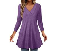 TURWXGSO Blouses for Women UK Deep V Neck Longline Tunic Tops Side Pockets | Loose Fit Swing Hem Casual Blouse Solid Lightweight Pullover Trendy Fall Travel Street Weekend Homewear