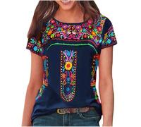 TURWXGSO Bohemian Embroidery Mexican Tops Womens Summer Boho Shirt Summer Tee Tops Short Sleeve Round Neck Casual Hippie Peasant Blouses Tunic Tops Tshirt Clearance