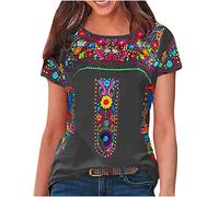 TURWXGSO Bohemian Embroidery Mexican Tops Womens Summer Boho Shirt Summer Tee Tops Short Sleeve Round Neck Casual Hippie Peasant Blouses Tunic Tops Tshirt Clearance