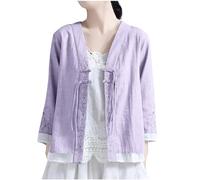 TURWXGSO Boho Tops for Women UK V Neck Embroidered Cardigan Elegant Frog Button Tie Shirts 3/4 Sleeve Floral Embroidered T Shirts Chinese Style Blouse Casual Loose Linen Tops