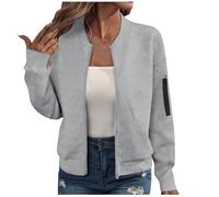 TURWXGSO Bomber Jackets for Women UK Zip Up Sweatshirt Casual Lightweight Jacquard Textured Flight Jacket with Zip Pockets Solid Color Long Sleeve Jackets Sportwear Outerwear