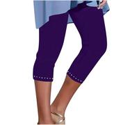 TURWXGSO Capri Leggings for Women UK Plus Size Soft Stretch Cropped High Waisted 3/4 Leggings Summer Beach Casual Plain Capri Pants with Embellished for Running Sports Going Out Loungewear