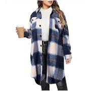 TURWXGSO Checkered Jacket Womens Long Sleeve Flannel Checked Shirts Loose Casual Button Down Lapel Long Plaid Jacket Shacket with Flap Pockets Business Casual Vintage Workwear Streetwear