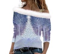 TURWXGSO Christmas Jumpers for Women Off Shoulder Long Sleeve Tops Novelty Glitter Snowflake Tree Print Xmas Jumper T-Shirt Furry Pullover Dressy Casual Blouse Baggy Tunic Sweater