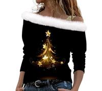 TURWXGSO Christmas Jumpers for Women Off Shoulder Long Sleeve Tops Novelty Glitter Snowflake Tree Print Xmas Jumper T-Shirt Furry Pullover Dressy Casual Blouse Baggy Tunic Sweater