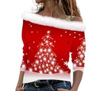 TURWXGSO Christmas Jumpers for Women Off Shoulder Long Sleeve Tops Novelty Glitter Snowflake Tree Print Xmas Jumper T-Shirt Furry Pullover Dressy Casual Blouse Baggy Tunic Sweater