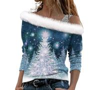 TURWXGSO Christmas Jumpers for Women Off Shoulder Long Sleeve Tops Novelty Glitter Snowflake Tree Print Xmas Jumper T-Shirt Furry Pullover Dressy Casual Blouse Baggy Tunic Sweater