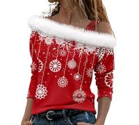 TURWXGSO Christmas Jumpers for Women Off Shoulder Long Sleeve Tops Novelty Glitter Snowflake Tree Print Xmas Jumper T-Shirt Furry Pullover Dressy Casual Blouse Baggy Tunic Sweater