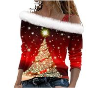 TURWXGSO Christmas Jumpers for Women Off Shoulder Long Sleeve Tops Novelty Glitter Snowflake Tree Print Xmas Jumper T-Shirt Furry Pullover Dressy Casual Blouse Baggy Tunic Sweater