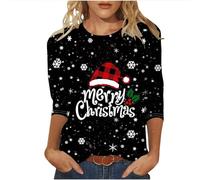 TURWXGSO Christmas T Shirts for Women UK Funny Novelty Graphic Red Wine Glass Xmas Tree Snowflake Crewneck Xmas Tops 3/4 Sleeve Tshirt Plus Size Pullover Loose Sweatshirts Casual Ladies Tops