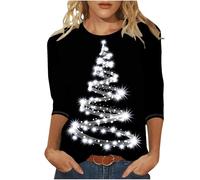 TURWXGSO Christmas T Shirts Women Funny Festive Top Women's Crewneck Xmas Tops 3/4 Sleeve Tshirt Glitter Xmas Tree Printed Loose T-Shirt Graphic Tees Dressy Casual Shirts Plus Size